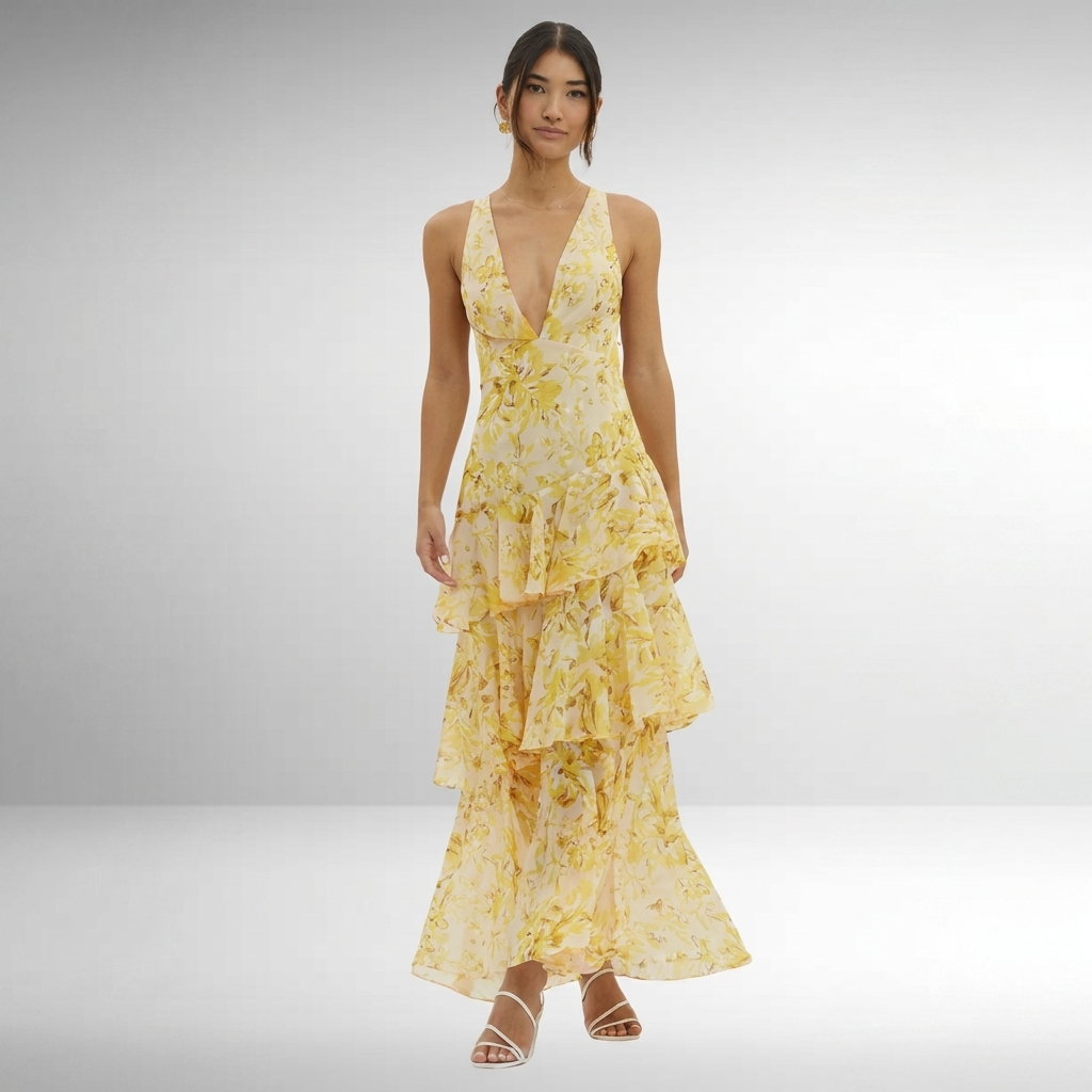 Elegant Tiered Maxi Dress with Floral Print