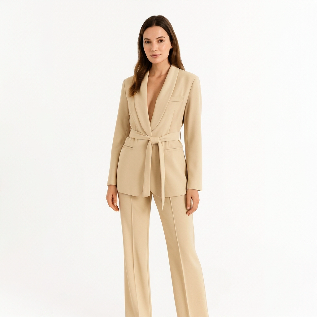 Stylish Two-Piece Set – Belted Blazer with Flowing Wide-Leg Pants