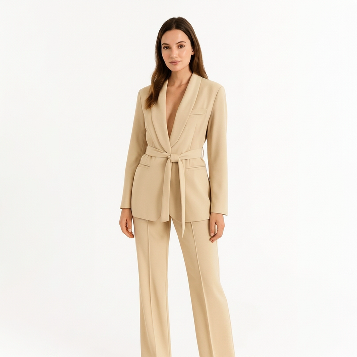 Stylish Two-Piece Set – Belted Blazer with Flowing Wide-Leg Pants