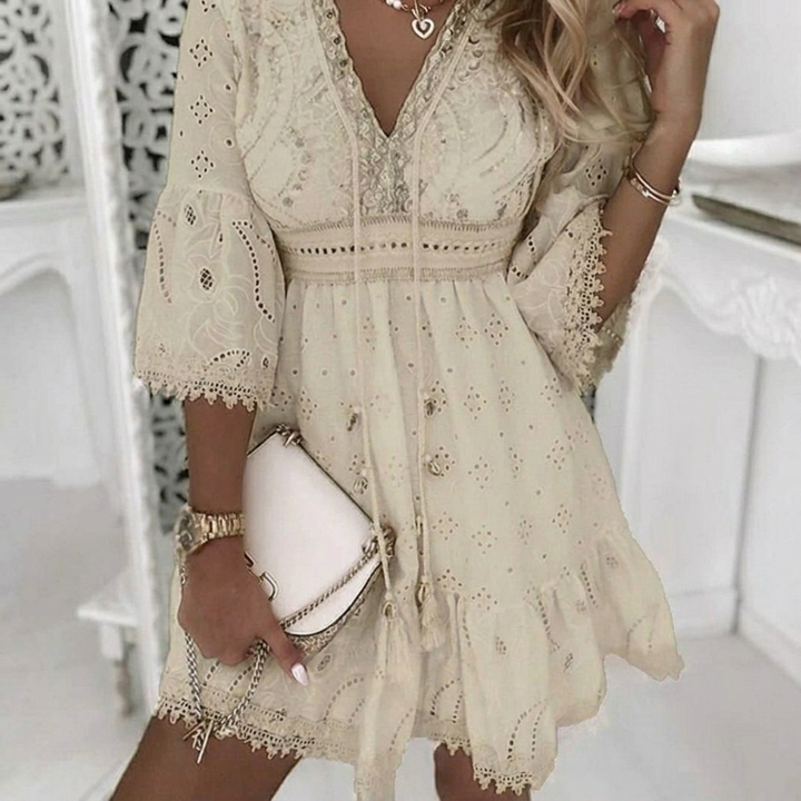 Boho A-Line Mini Dress with Lace Bell Sleeves
