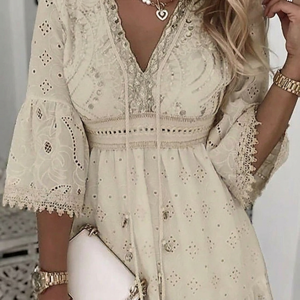 Boho A-Line Mini Dress with Lace Bell Sleeves