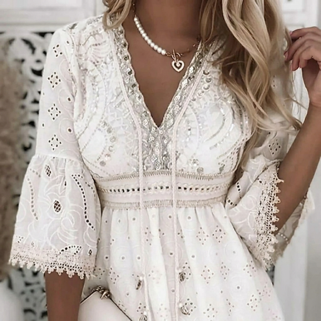 Boho A-Line Mini Dress with Lace Bell Sleeves