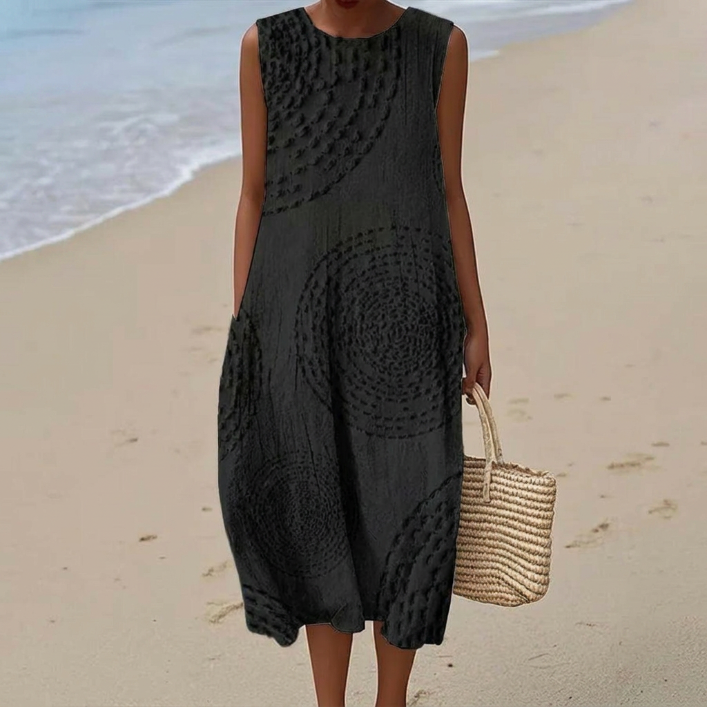 Sleeveless A-Line Midi Dress with Embroidery