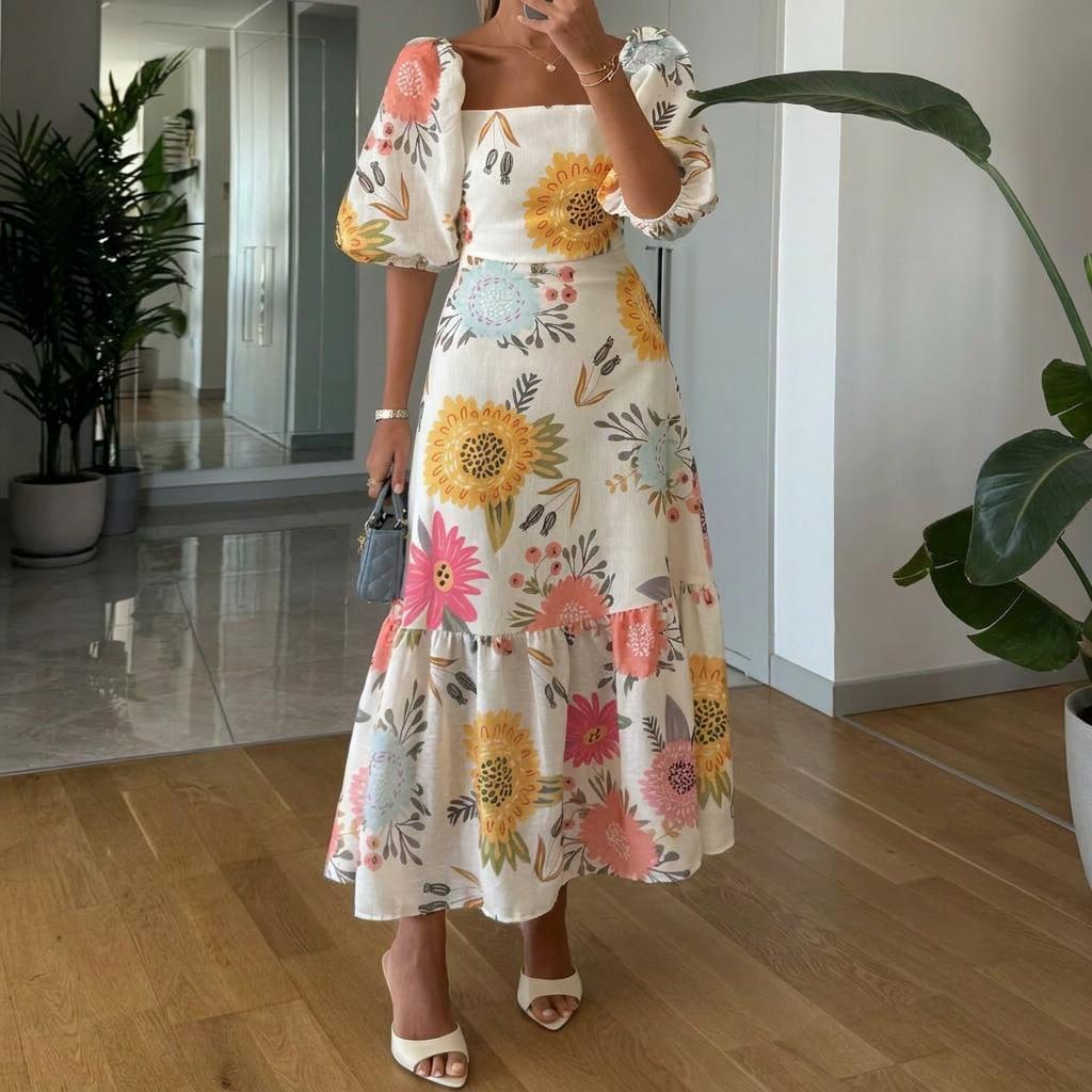 Women’s Maxi Dress with Floral Print & Puff Sleeves