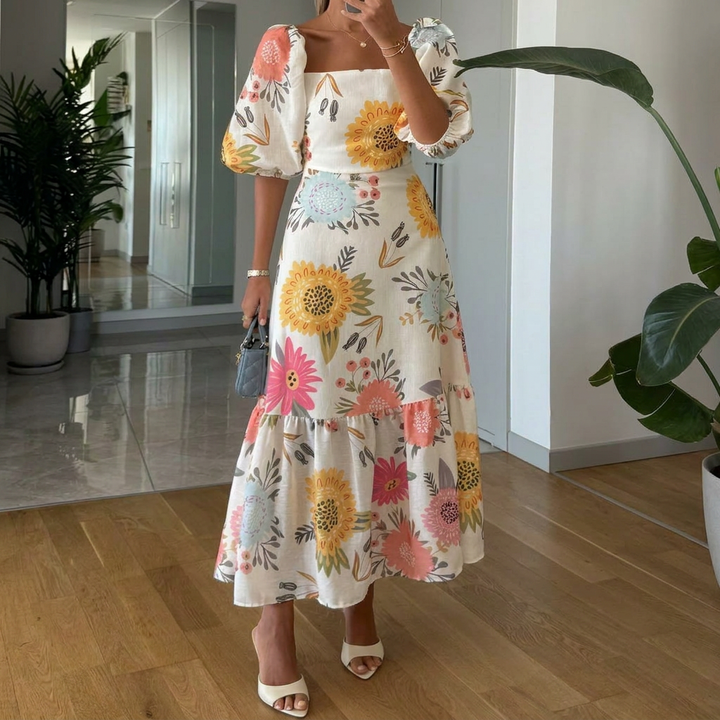 Women’s Maxi Dress with Floral Print & Puff Sleeves