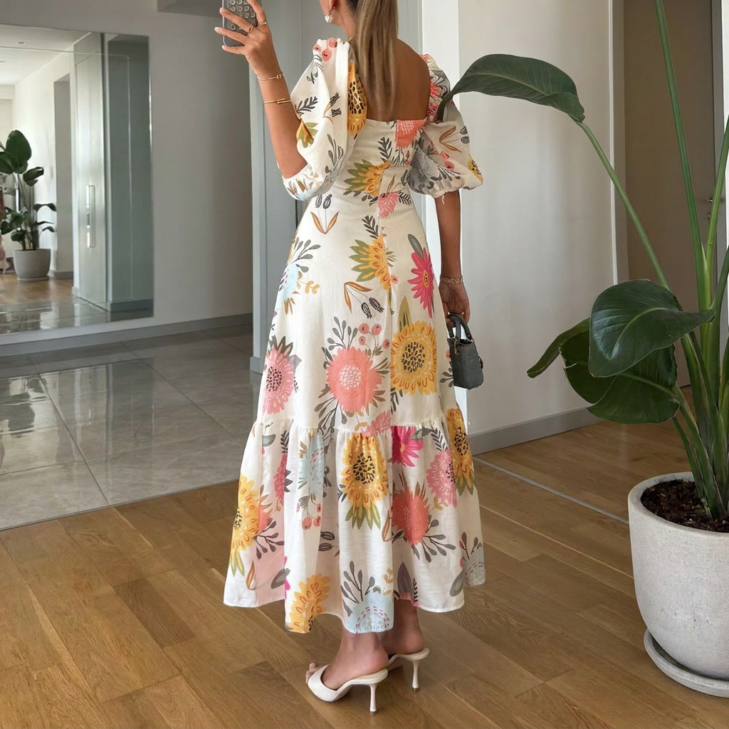 Women’s Maxi Dress with Floral Print & Puff Sleeves