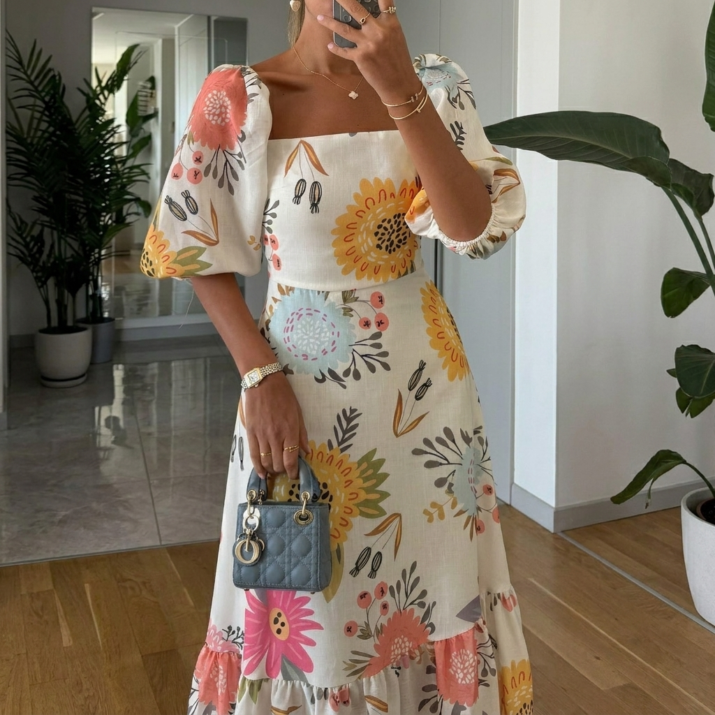Women’s Maxi Dress with Floral Print & Puff Sleeves