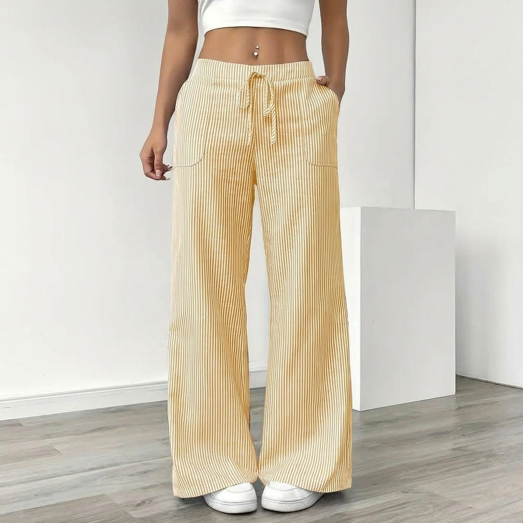 Linen Striped Wide-Leg Pants – Drawstring & Pockets