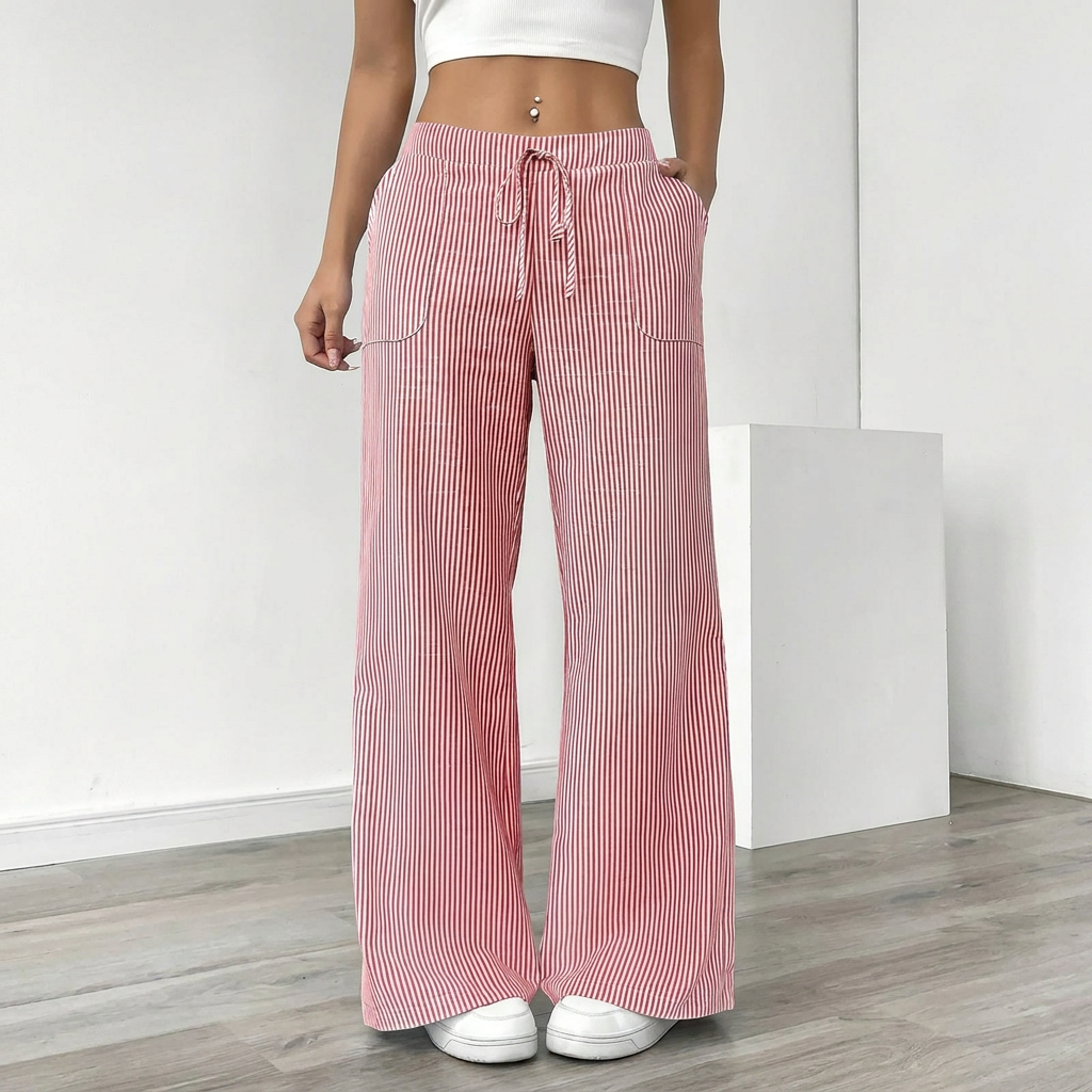 Linen Striped Wide-Leg Pants – Drawstring & Pockets