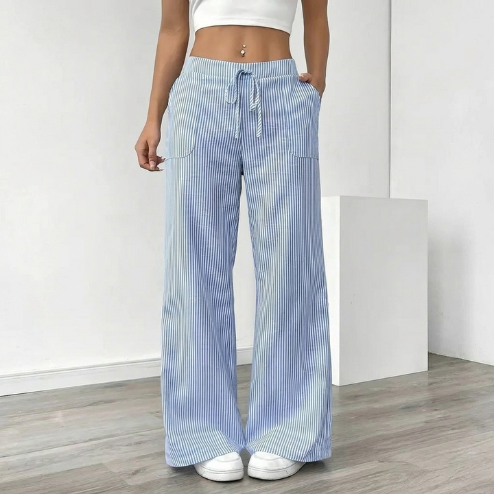 Linen Striped Wide-Leg Pants – Drawstring & Pockets