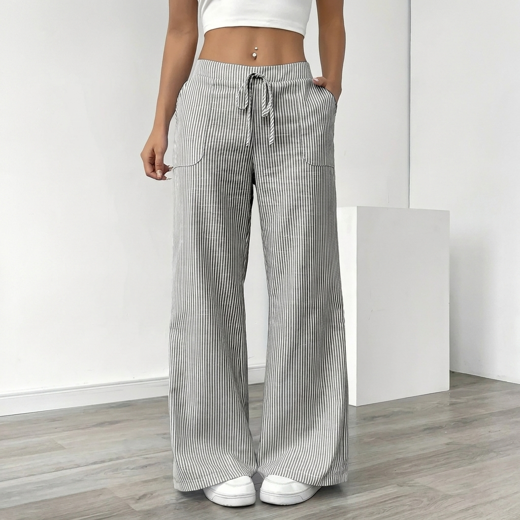 Linen Striped Wide-Leg Pants – Drawstring & Pockets