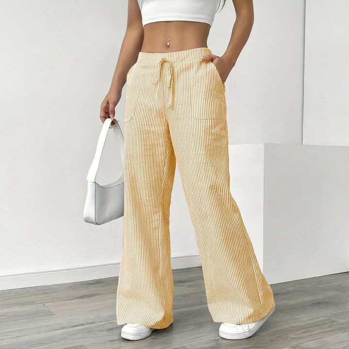 Linen Striped Wide-Leg Pants – Drawstring & Pockets