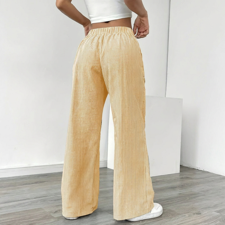 Linen Striped Wide-Leg Pants – Drawstring & Pockets
