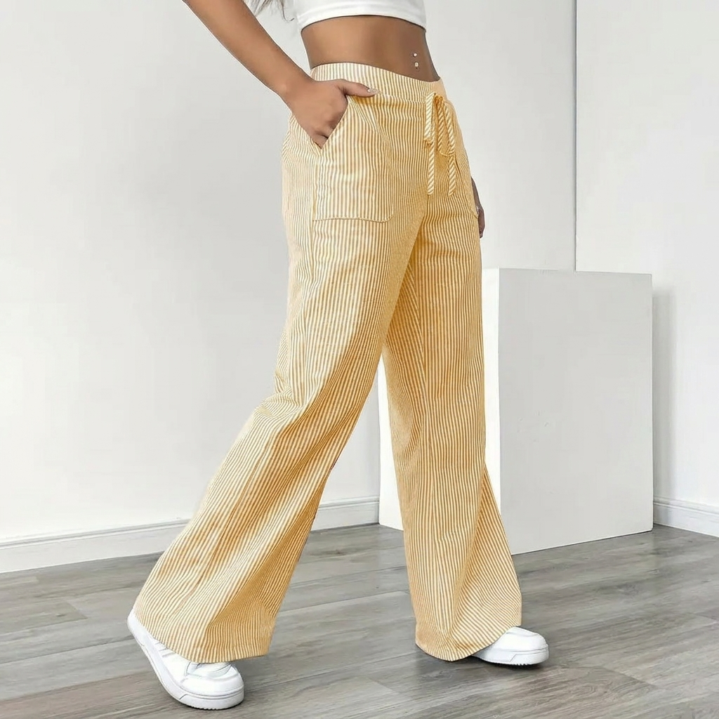 Linen Striped Wide-Leg Pants – Drawstring & Pockets