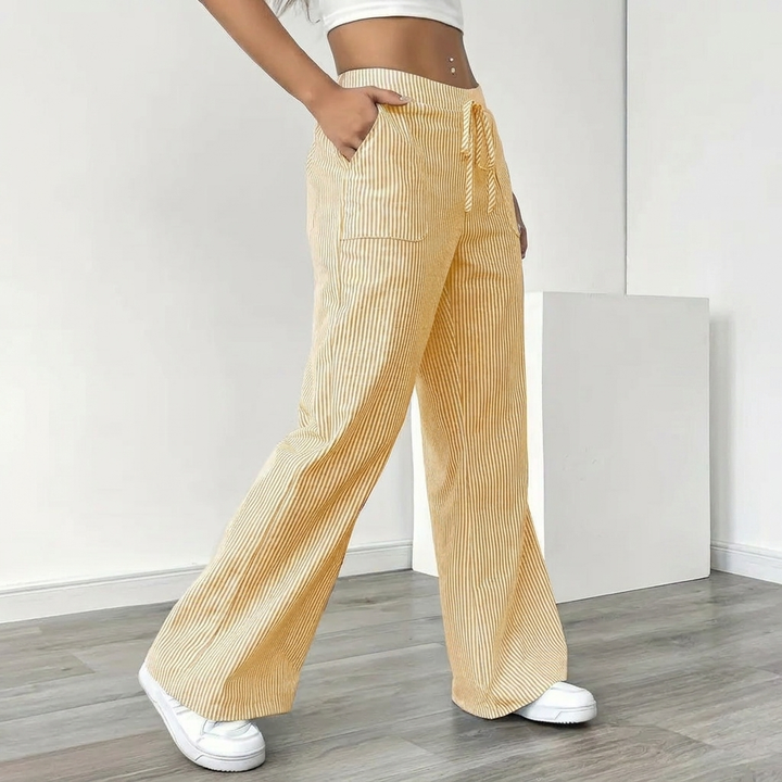 Linen Striped Wide-Leg Pants – Drawstring & Pockets