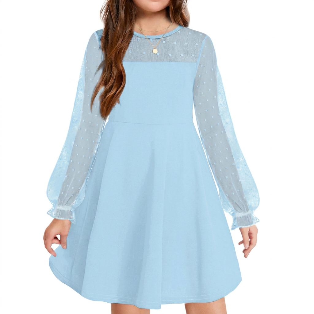 Elegant Girls’ Dress – Long Mesh Sleeves, High Wais