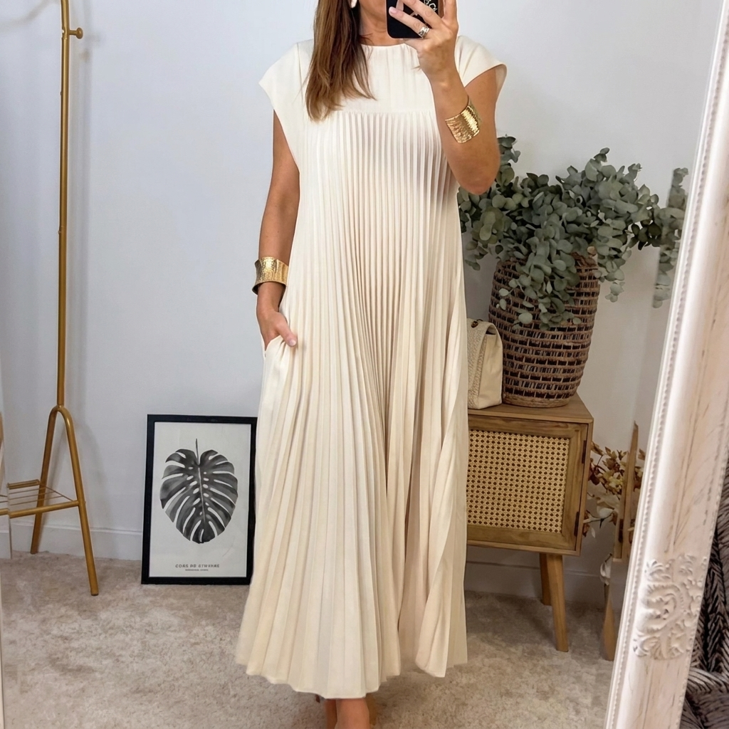 Women’s Short Sleeve Pleated Long Dress