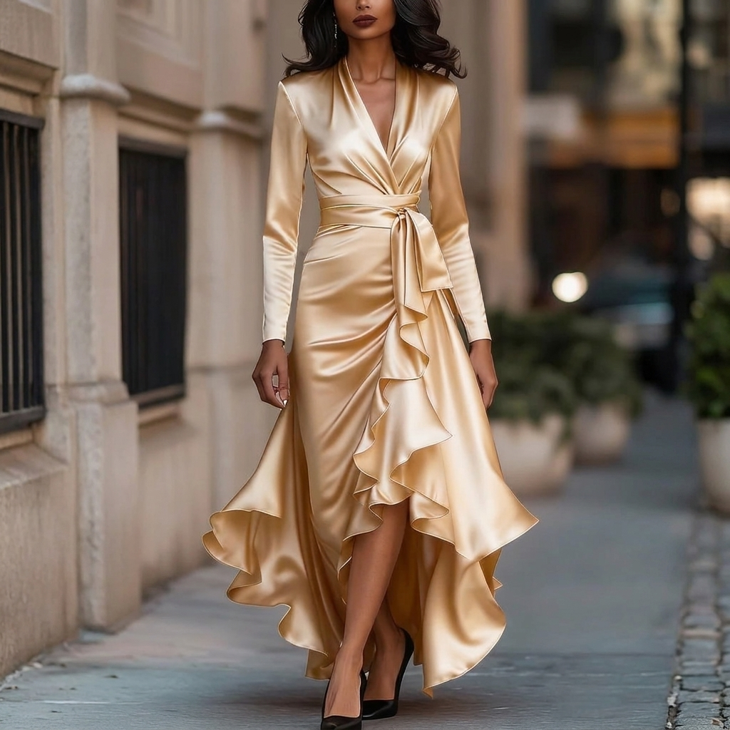 Women's V-Neck Ruffle Hem Dress