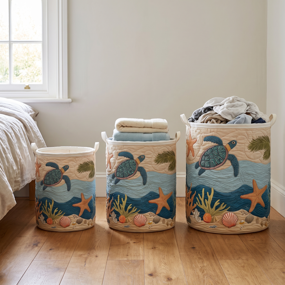 Quilted laundry basket with canvas carrying handles, freestanding cotton-polyester laundry basket