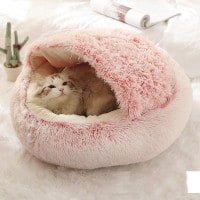 Hooded Cat Bed with Cave Design and Plush Doughnut Shape Enclosed Cosy Pet with Cushioned Rim