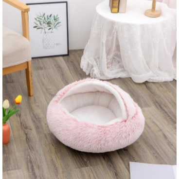 Hooded Cat Bed with Cave Design and Plush Doughnut Shape Enclosed Cosy Pet with Cushioned Rim