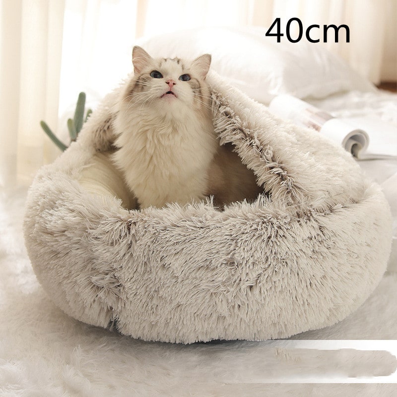 Hooded Cat Bed with Cave Design and Plush Doughnut Shape Enclosed Cosy Pet with Cushioned Rim