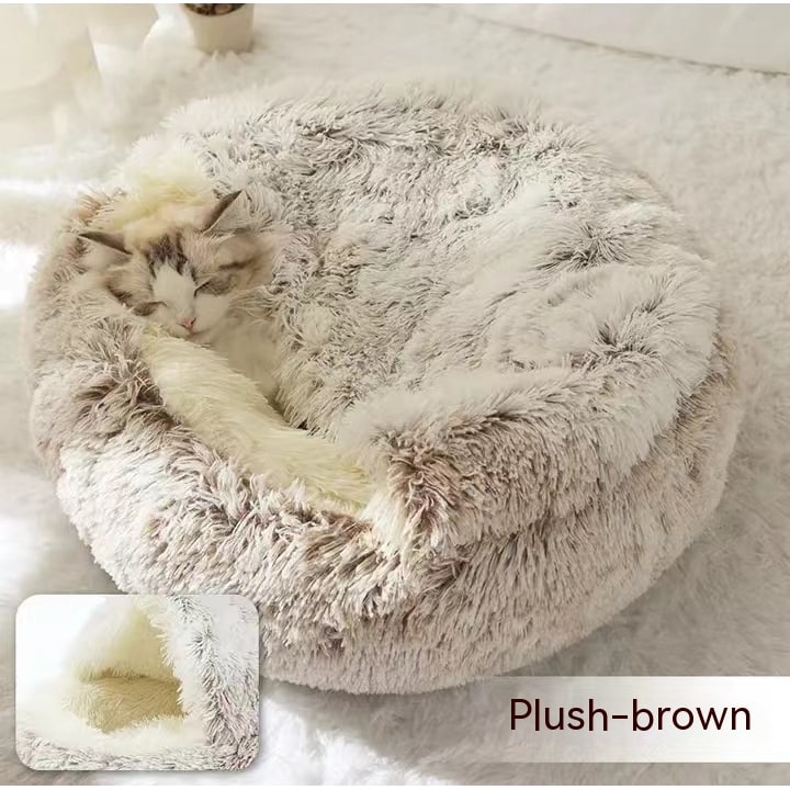 Hooded Cat Bed with Cave Design and Plush Doughnut Shape Enclosed Cosy Pet with Cushioned Rim