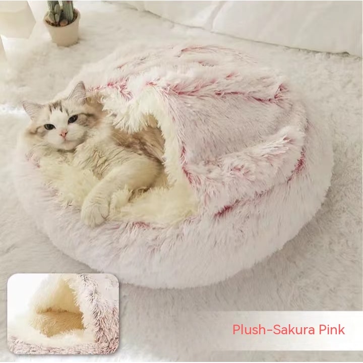 Hooded Cat Bed with Cave Design and Plush Doughnut Shape Enclosed Cosy Pet with Cushioned Rim