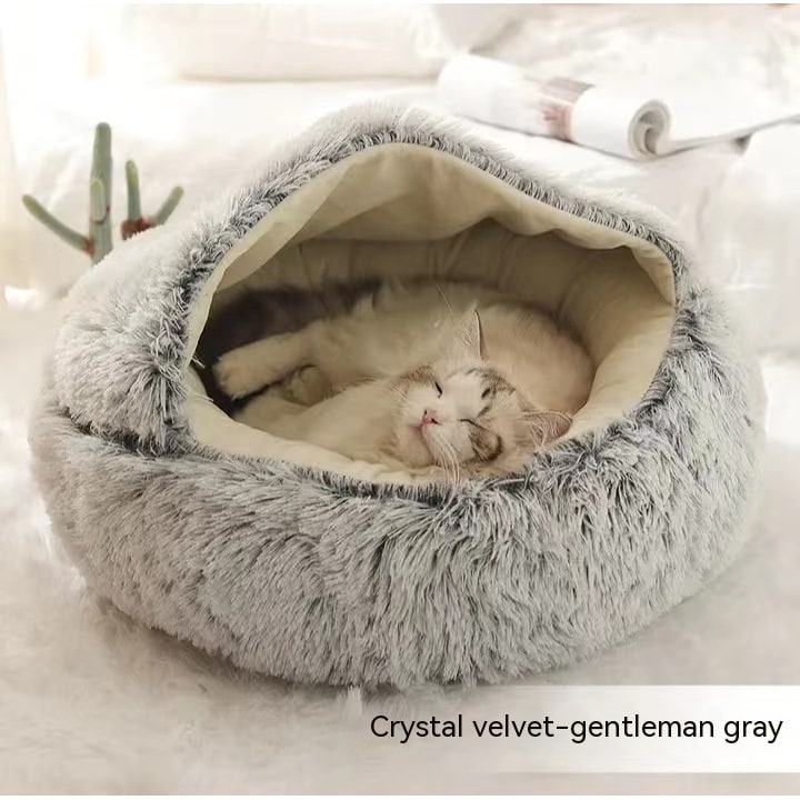 Hooded Cat Bed with Cave Design and Plush Doughnut Shape Enclosed Cosy Pet with Cushioned Rim