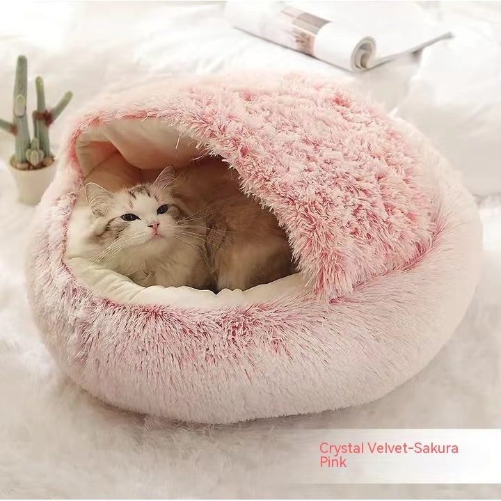 Hooded Cat Bed with Cave Design and Plush Doughnut Shape Enclosed Cosy Pet with Cushioned Rim