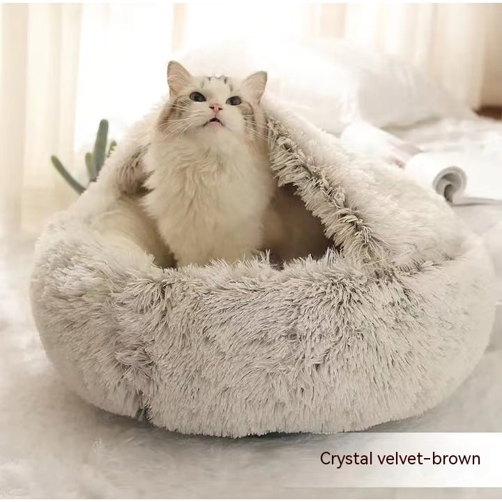 Hooded Cat Bed with Cave Design and Plush Doughnut Shape Enclosed Cosy Pet with Cushioned Rim