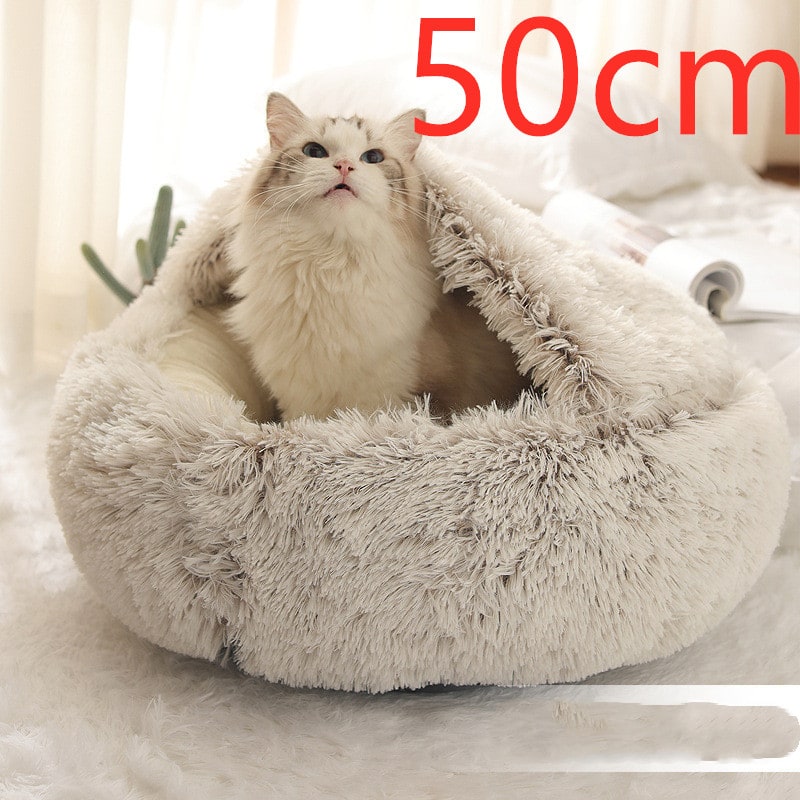 Hooded Cat Bed with Cave Design and Plush Doughnut Shape Enclosed Cosy Pet with Cushioned Rim
