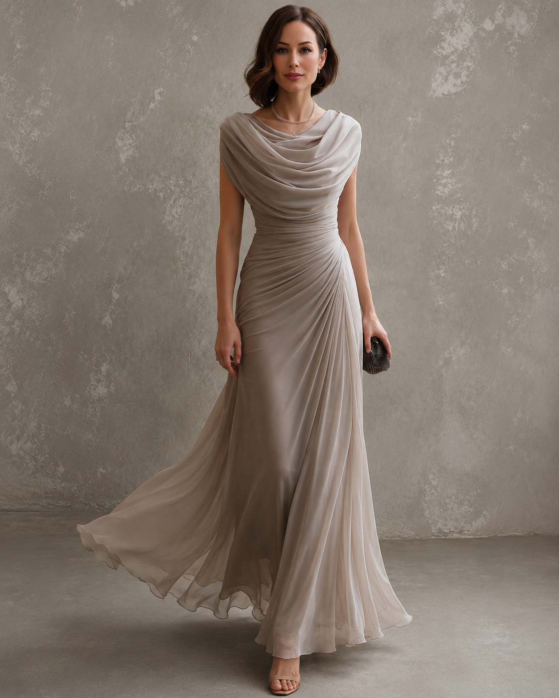 Draped sleeveless maxi dress with flowing floor-length skirt