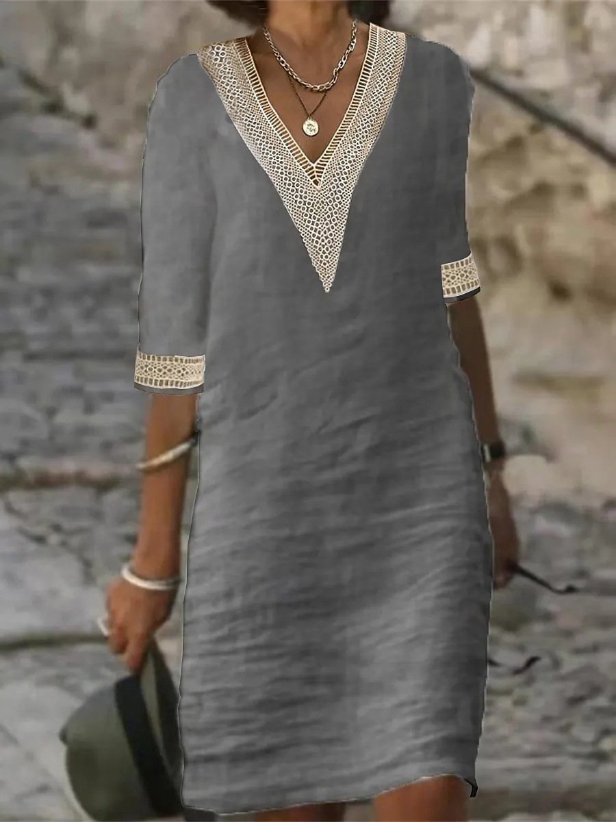 Women's Casual Dress Linen Blend V-Neck Lace Trim