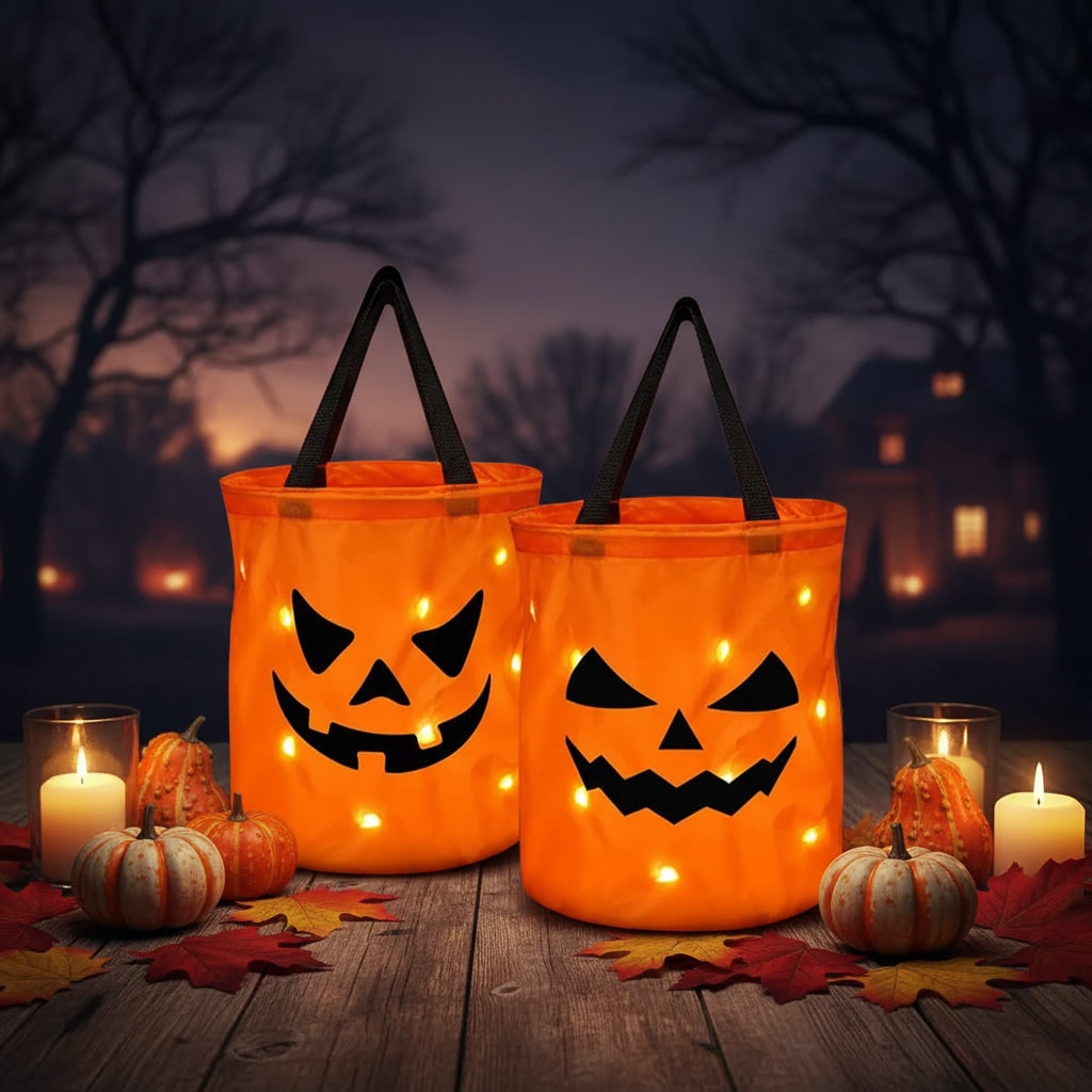 Kids' Halloween Candy Bag and Trick or Treat Reusable with LED Pumpkin Lights and Handles for Party Favour