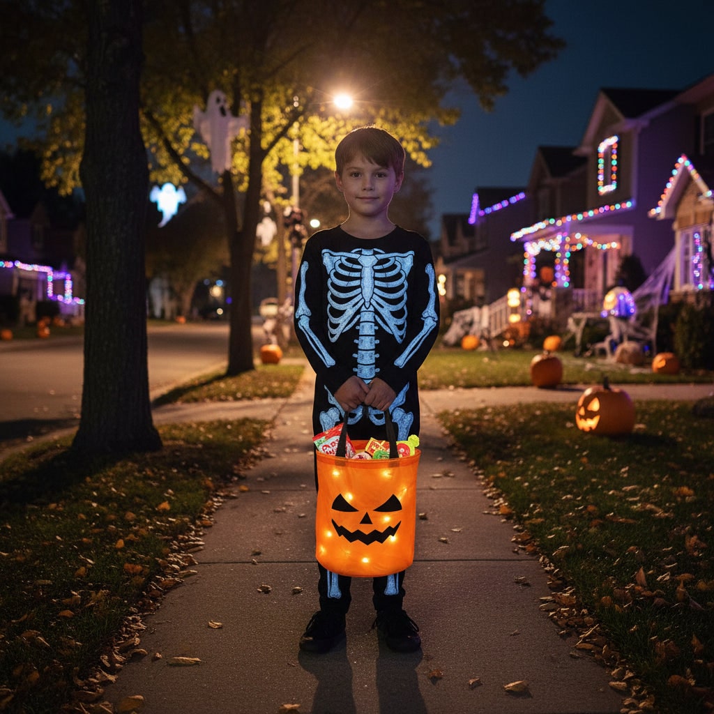 Kids' Halloween Candy Bag and Trick or Treat Reusable with LED Pumpkin Lights and Handles for Party Favour