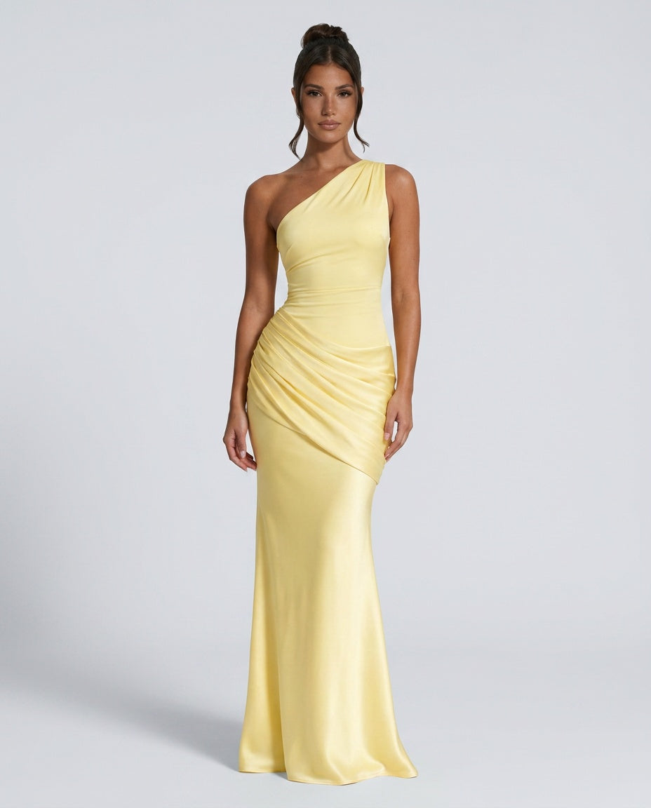 One-shoulder draped satin maxi dress