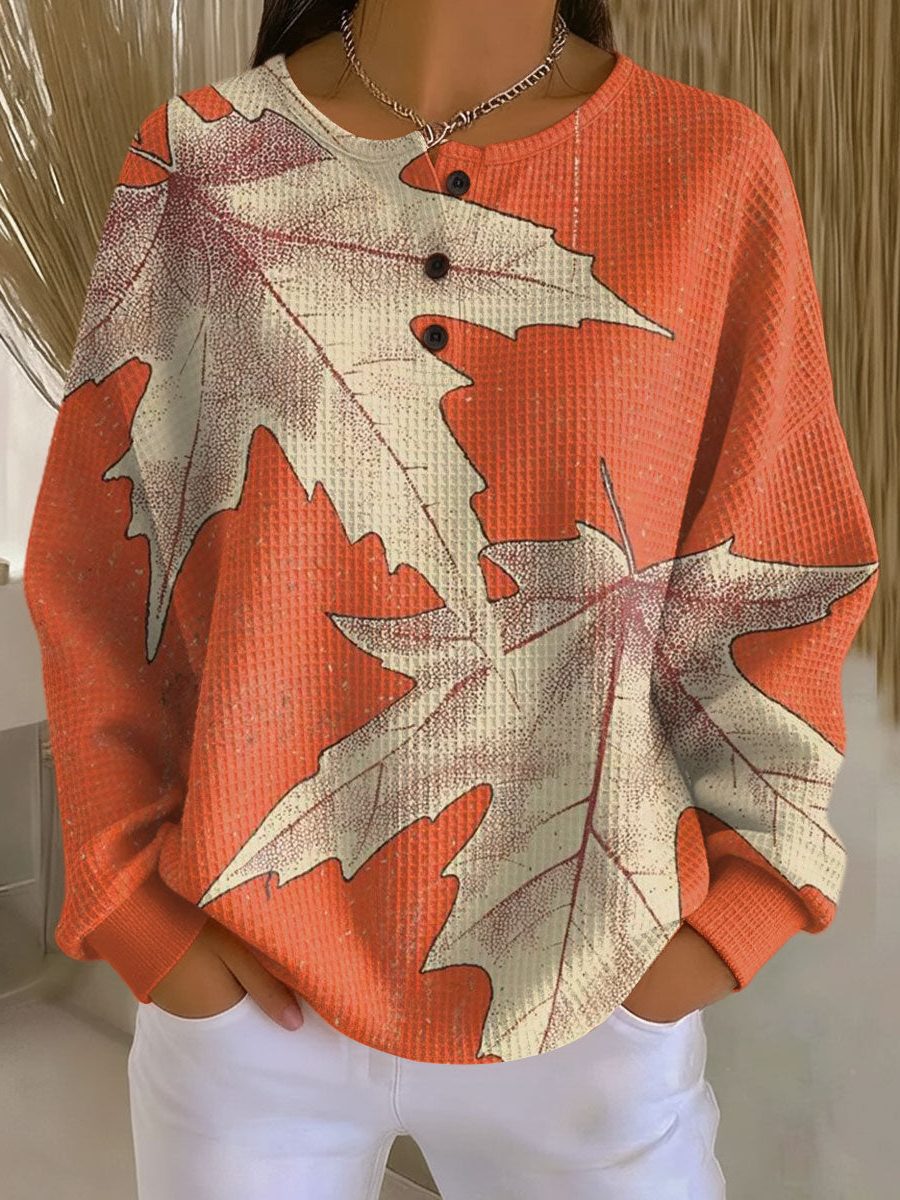Leaf Print Waffle Knit Sweater for Women