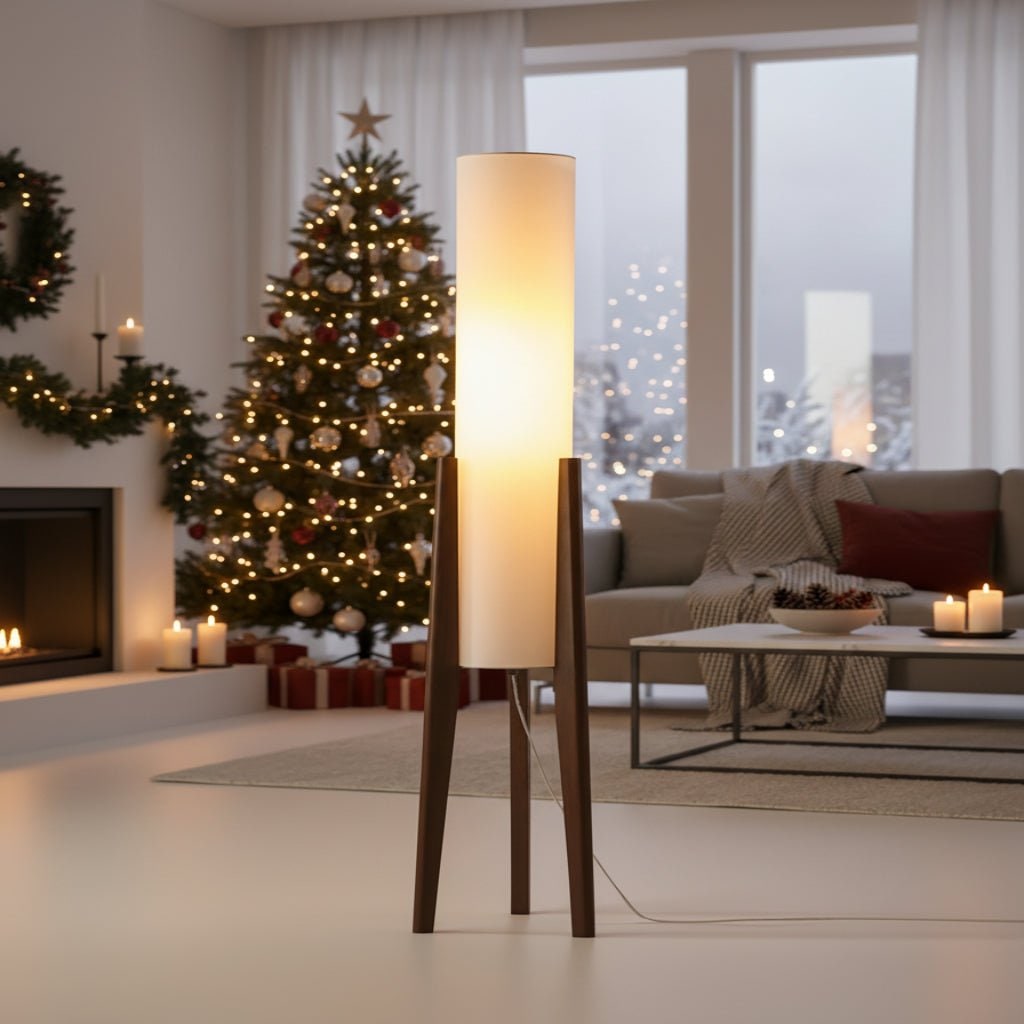 LED Tall Floor Lamp with Wooden Tripod and Cylindrical Fabric Shade With Table