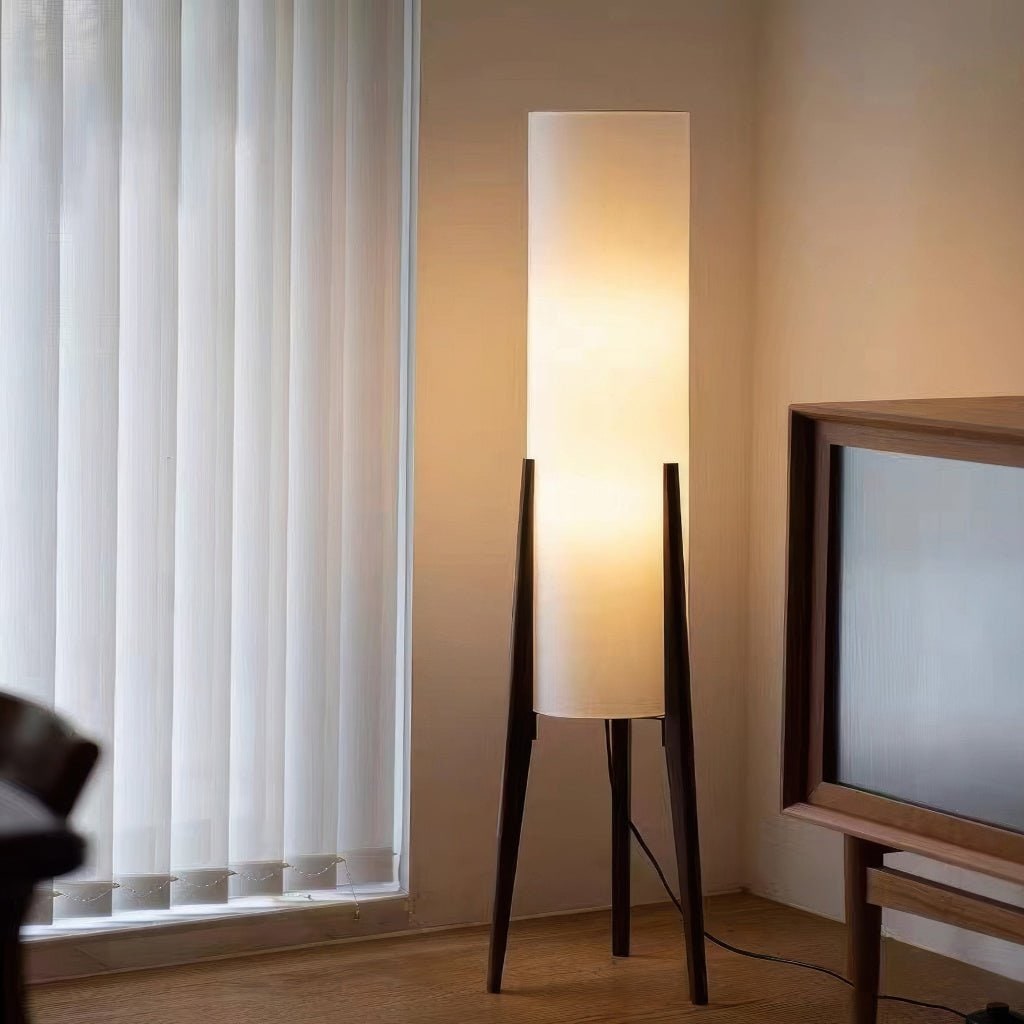 LED Tall Floor Lamp with Wooden Tripod and Cylindrical Fabric Shade With Table