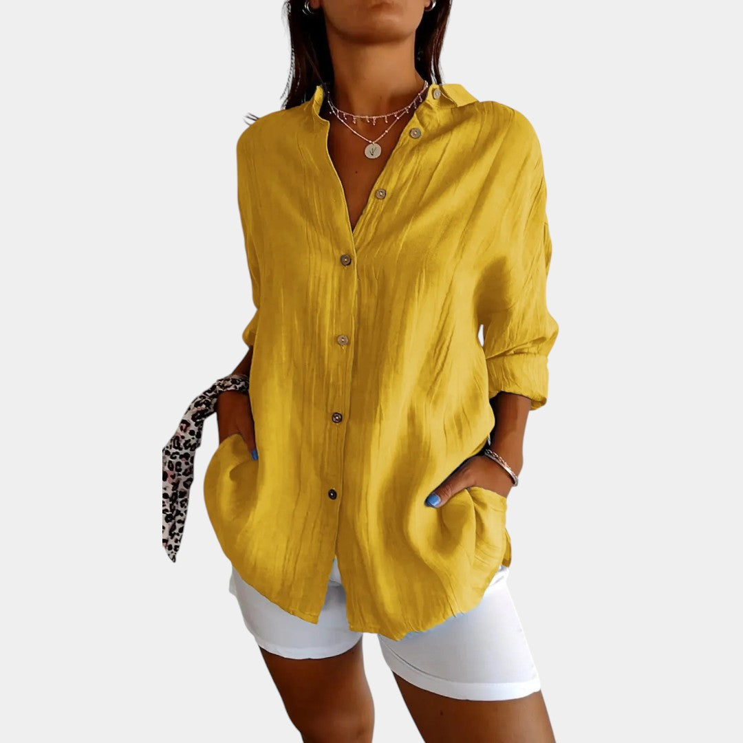 Damesblouse van luchtige katoen-linnenmix met comfortabele pasvorm, ideaal voor werk, vrije tijd of een avondje uit.