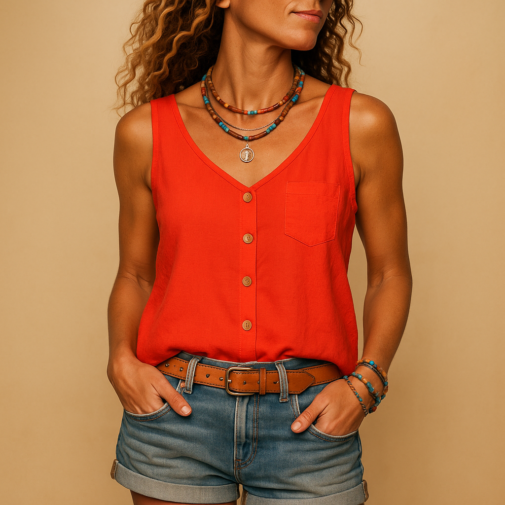 Sleeveless Lightweight Button-Down Top