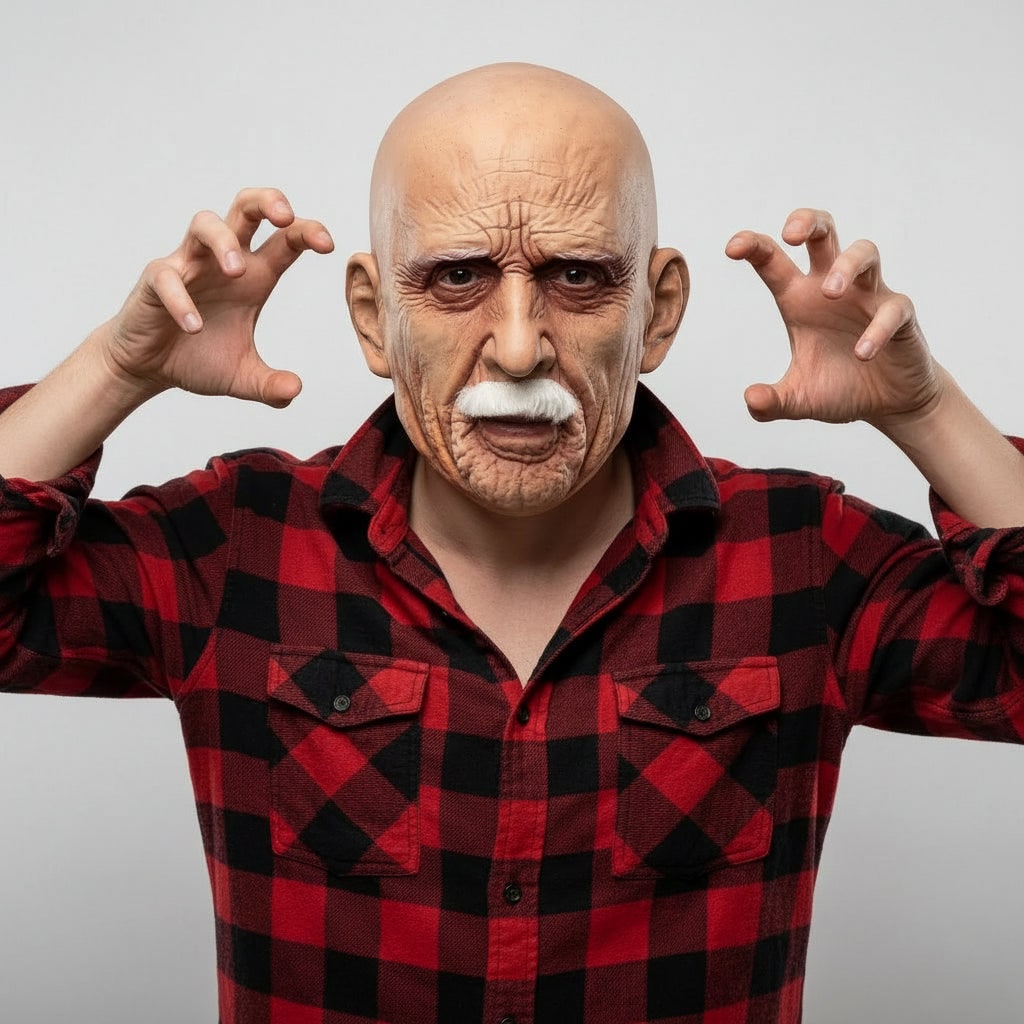 Men's Halloween Costume Mask Old Man with Realistic Latex and White Moustache for Party and Haunted House
