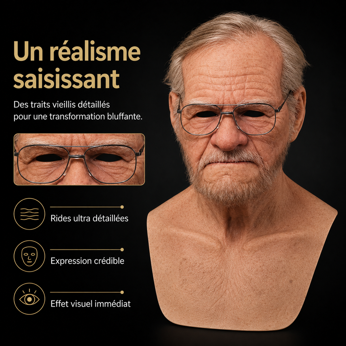 Men's Old Man Mask with Realistic Silicone Chest Bib and Creepy Halloween Details