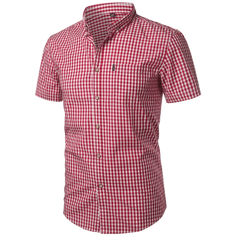 Men's short-sleeved checked shirt with button placket