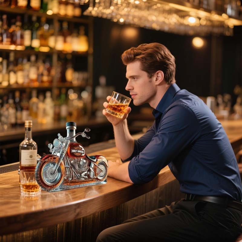 Motorcycle Whiskey Decanter Set with Glass Cruiser Design and Moulded Engine Details