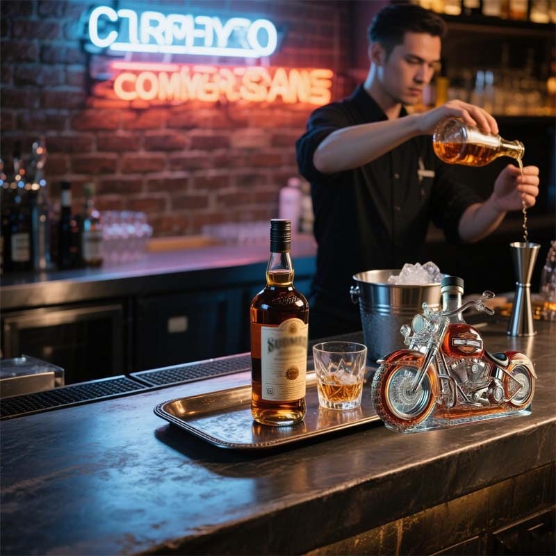 Motorcycle Whiskey Decanter Set with Glass Cruiser Design and Moulded Engine Details