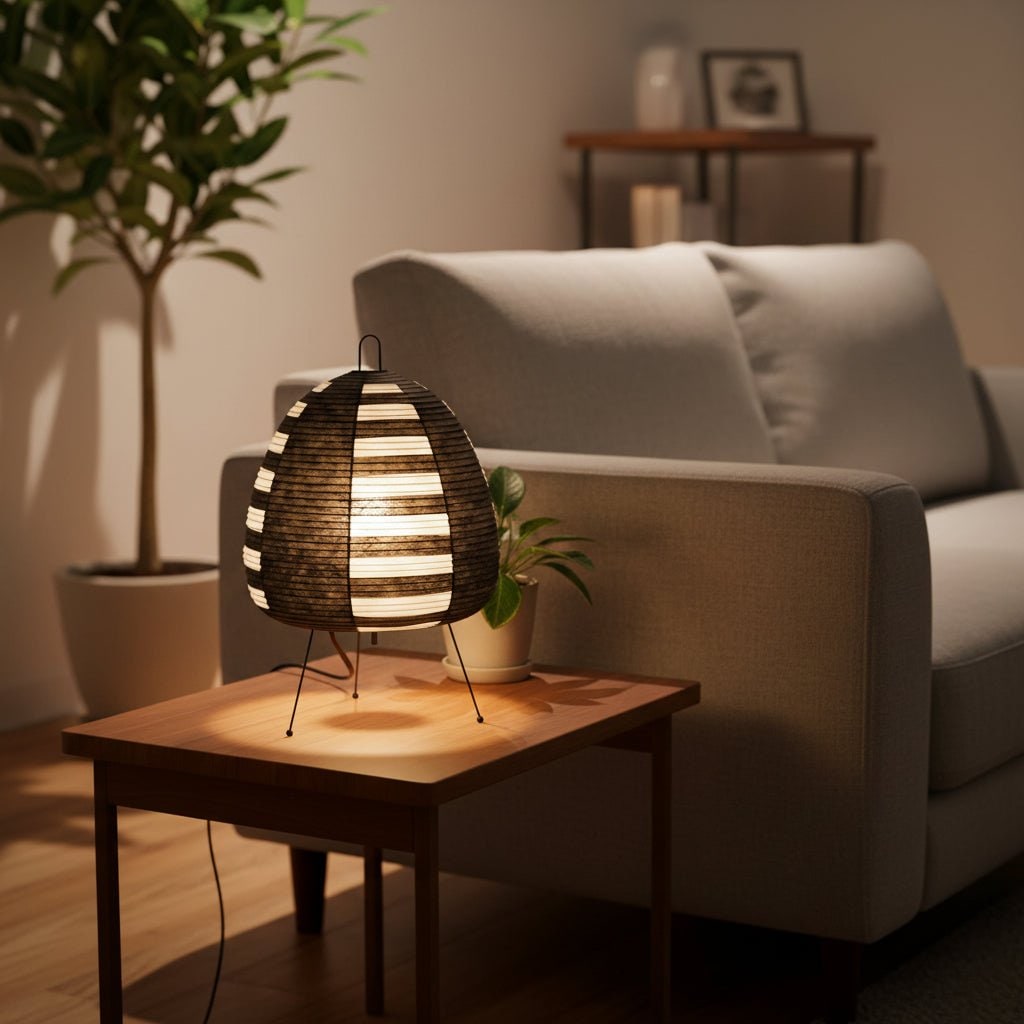 Paper Table Lamp with Tripod Base Japanese Rice Shade and Warm Diffused Light