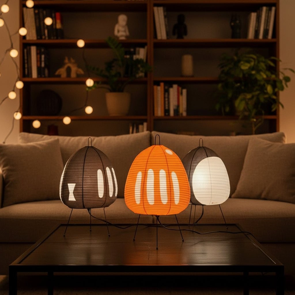 Paper Table Lamp with Tripod Base Japanese Rice Shade and Warm Diffused Light