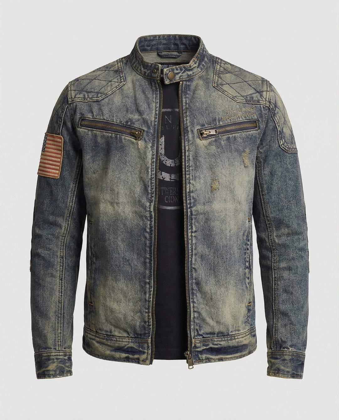 Men's Denim Jacket Biker Style Stand-Up Collar